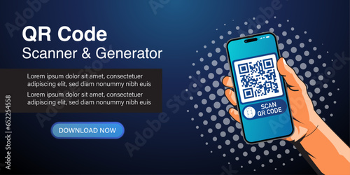 QR Code Scanner and Generator Concept. Scanning the QR code through a smartphone held by hand, verification QR code, hand-holding smartphone scans the QR code banner, vector banner barcode concept.