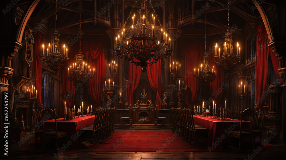 Vampire Dracula castle interior, victorian red furnitures. Halloween concept. Generative AI - obrazy, fototapety, plakaty 