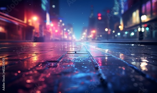 wet city street with blurry lights background, ai generative photo