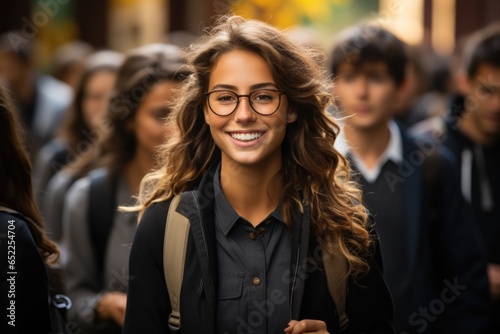 A student girl with glasses and a backpack, goes from college with her peers and laughs