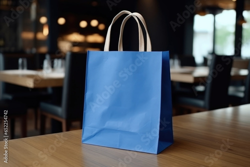 A blue paper bag is on the table