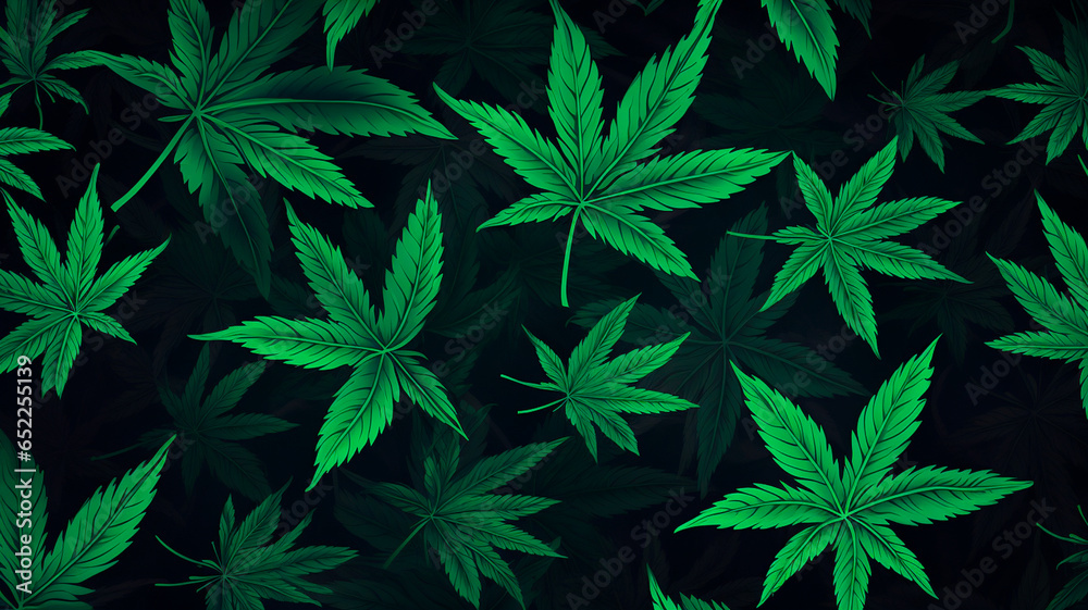 cannabis leaf pattern on black background. - obrazy, fototapety, plakaty 