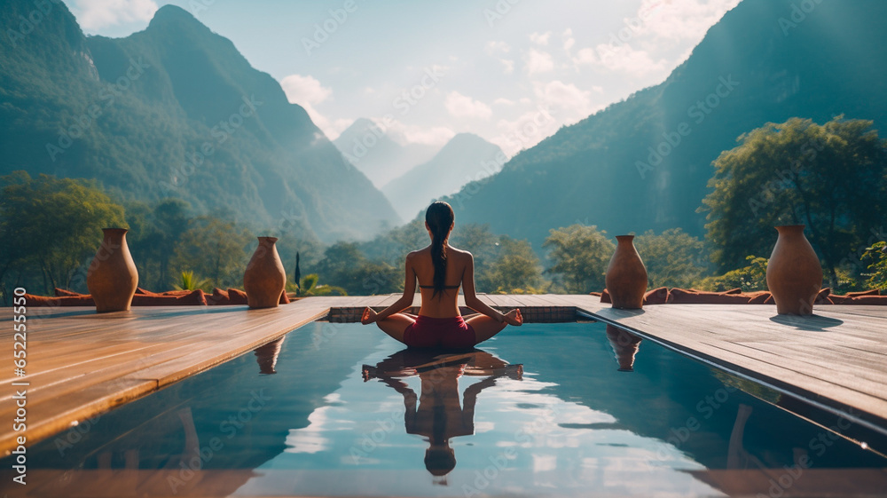 woman meditating near the pool in tropical resort - obrazy, fototapety, plakaty 