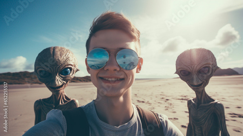 happy man with sunglasses taking selfie in desert © RozaStudia
