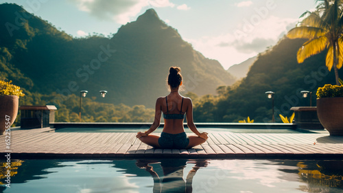 woman meditating near the pool in tropical resort
