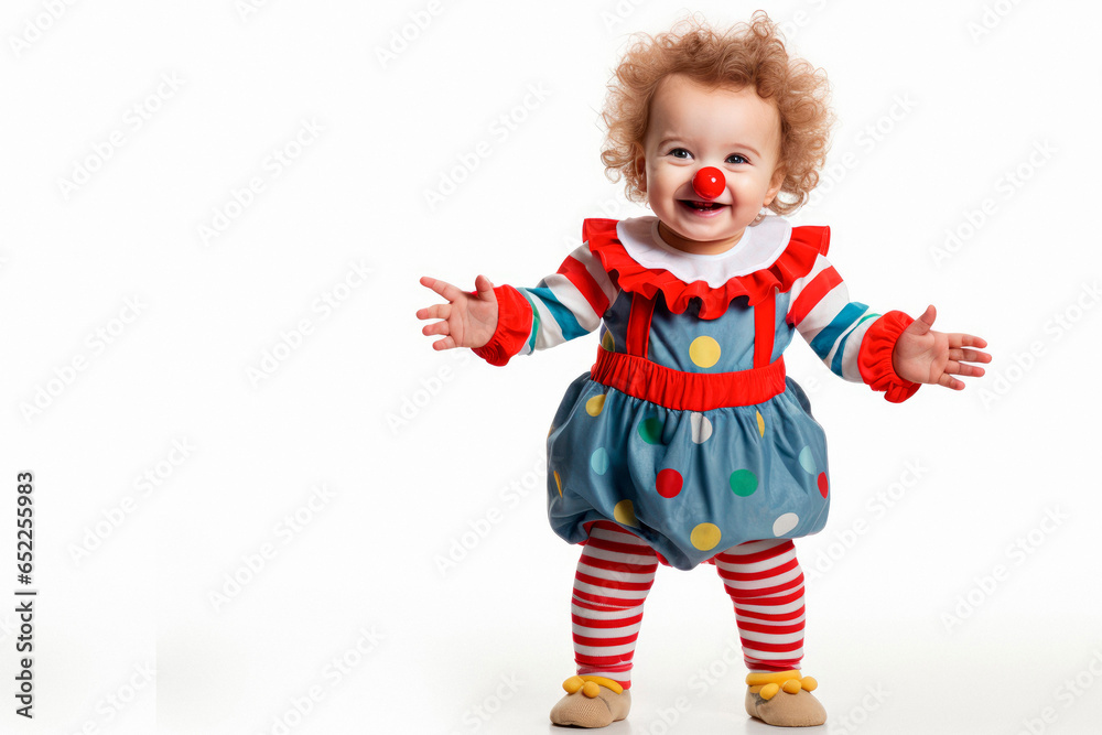 Joyful Toddler Clowning Around: Colorful Costume on White Backdrop with copy space Joyful Toddler Clowning Around: Colorful Costume on White Backdrop with copy space
