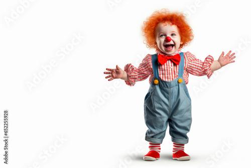 Joyful Toddler Clowning Around: Colorful Costume on White Backdrop with copy space © Mr. Bolota