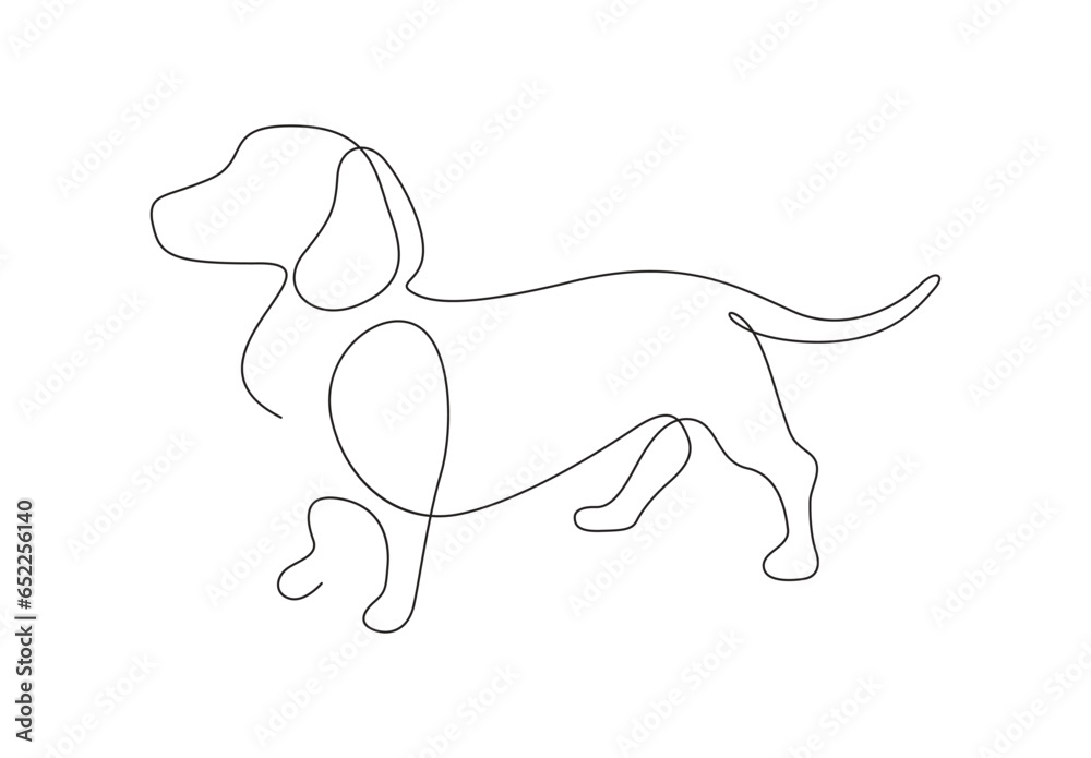 Continuous one line drawing of dachshund dog. Silhouette of walking dog. Dog in one line art and side view. Modern simple illustration in minimalist style. Abstraction isolated on white background. 