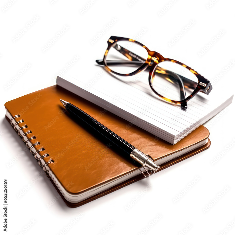 A notebook with a pen and a pair of glasses
A notebook with a pen and a pair of glasses