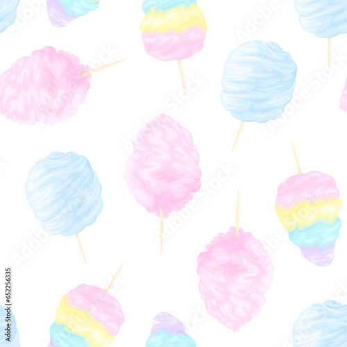 Multicolored cotton candy seamless pattern. Vector cartoon illustration of pink, blue and rainbow cotton candy on a white background.