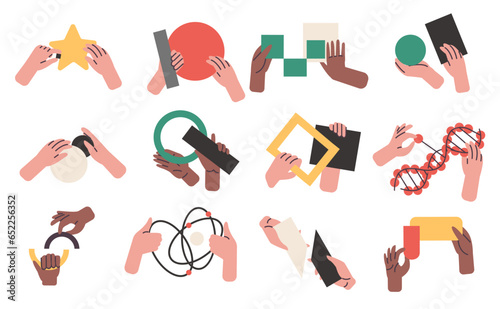 Cartoon hands holding geometric shapes. Human arms collect puzzles and scientific symbols. Different abstract figures. Logical jigsaw games. Study DNA helix. Vector brainteasers set