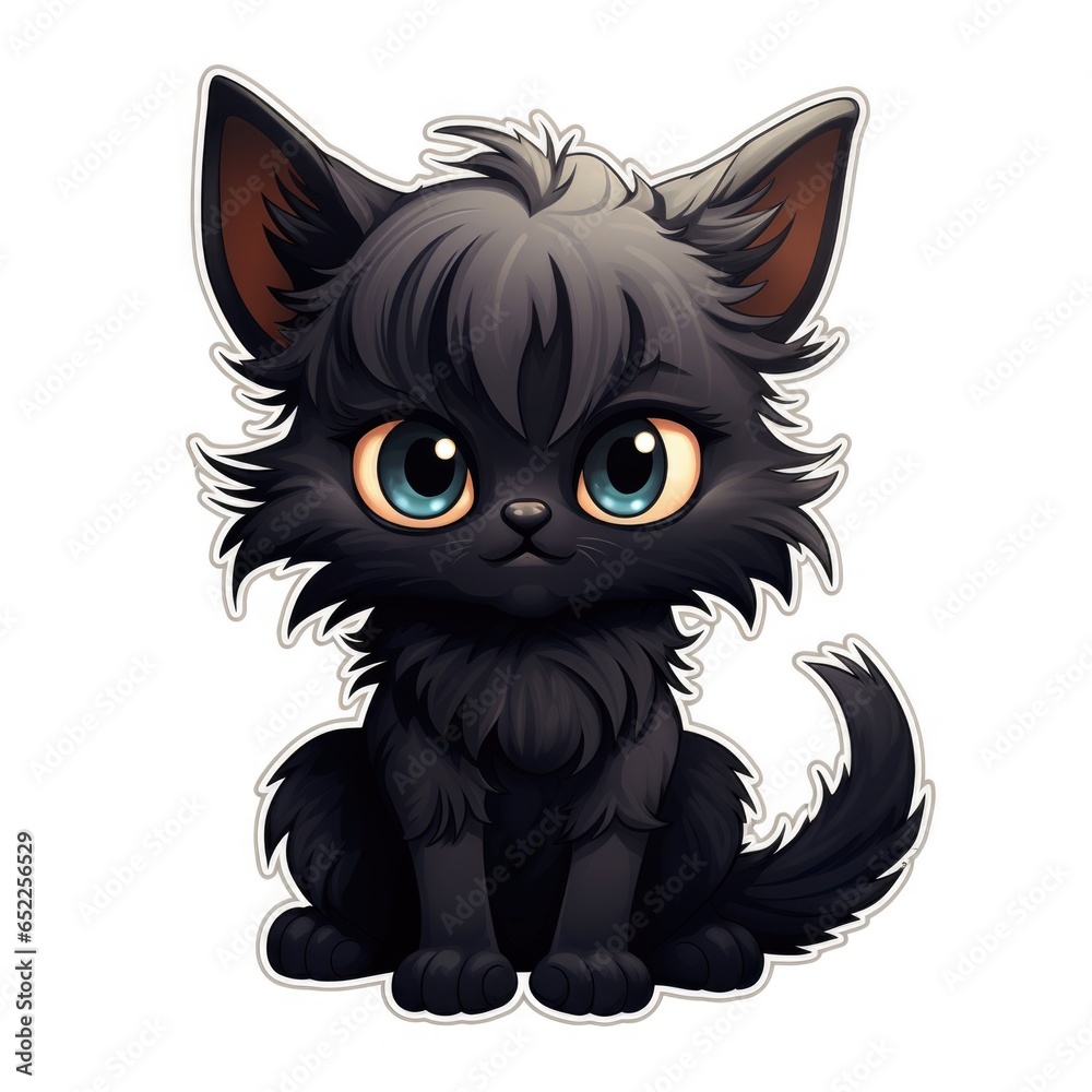 A black cat with blue eyes sitting down. Digital art. Halloween black cat. A black cat with blue eyes sitting down. Digital art. Halloween black cat.