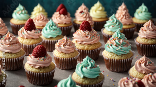 Professional photo of delicious various cupcakes with cream on top. Generative AI