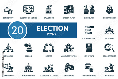 Election set. Creative icons: democracy, electronic voting, ballot box, ballot paper, candidates, constituency, election result, delegates, congress, speech, debate, absentee voting, manifesto