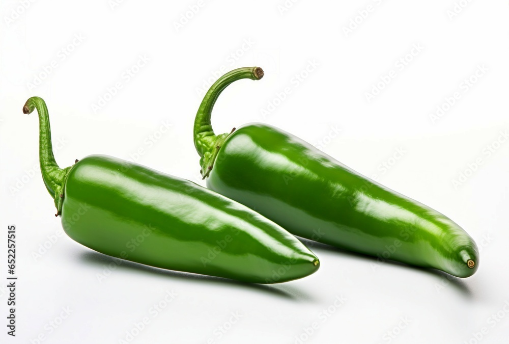 Two fresh green peppers on a clean white background