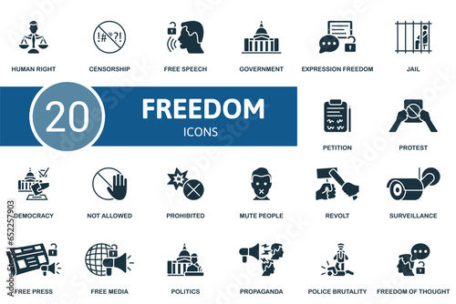 Freedom set. Creative icons: human right, censorship, free speech, government, expression freedom, jail, petition, protest, democracy, not allowed, prohibited, mute people, revolt, surveillance, free