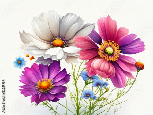 Cosmos flowers wallpaper design illustration and white background. Generative AI