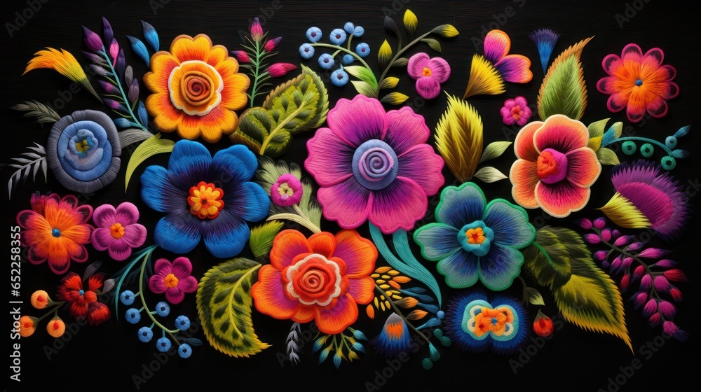 Textile woven flowers. Latin Hispanic Mexican fabric. Traditional folklore concept. - obrazy, fototapety, plakaty 