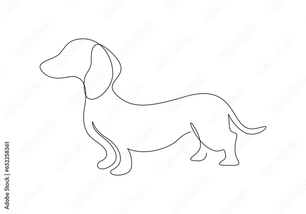  Dachshund dog continuous one line drawing. Silhouette of walking dog. Isolated on white background vector illustration. Pro vector.