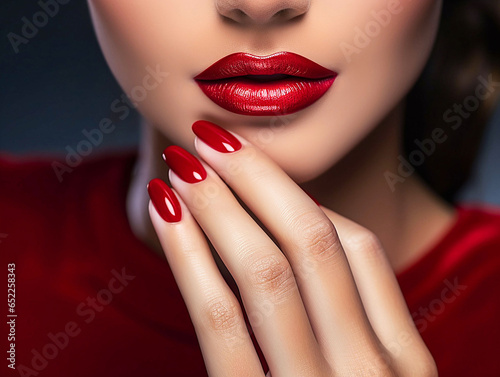 Beautiful perfect makeup. match color of lipstick and manicure.