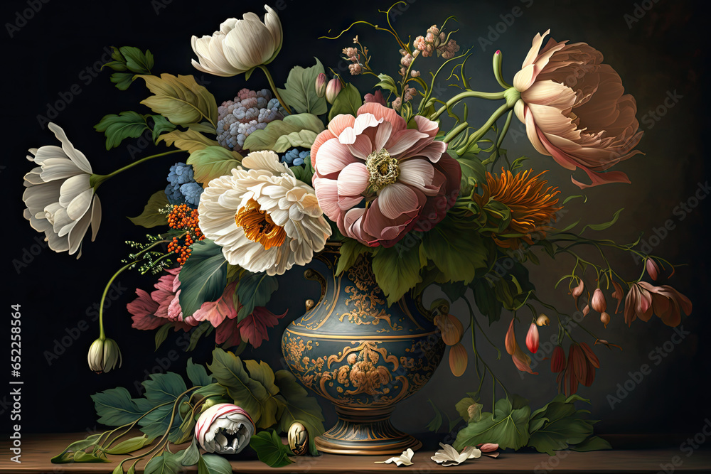 Flower Still Life Bouquet in Vintage Vase, Ancient Dutch Masters Imitation, Abstract Generative AI Illustration - obrazy, fototapety, plakaty 
