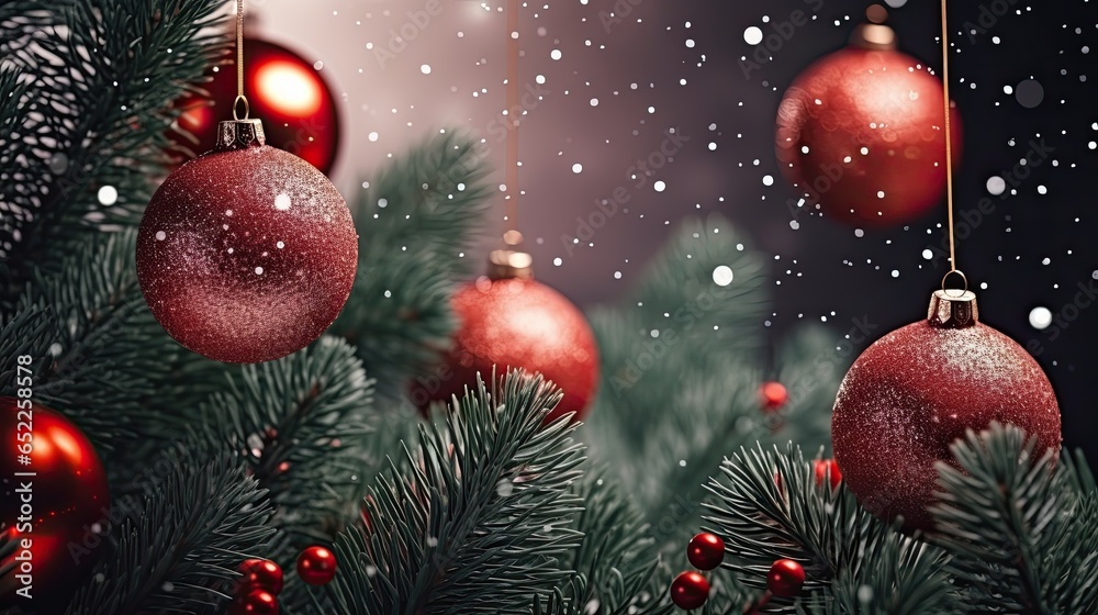 Red balls on fir branches, snowy backgrop Red balls on fir branches, snowy backgrop