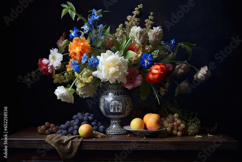 Flower Still Life Bouquet in Vintage Vase  Ancient Dutch Masters Imitation  Abstract Generative AI Illustration