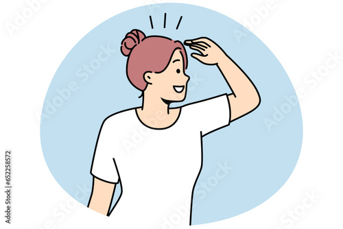 Smiling woman looking in far searching for new perspective and opportunities. Happy female waiting to best to come. Vector illustration.