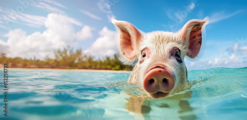 wild pig swimming in the ocean in Bahamas. banner with copy space