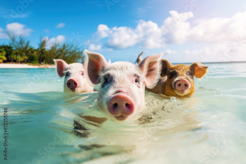 pigs swimming on the beach in Bahamas photo