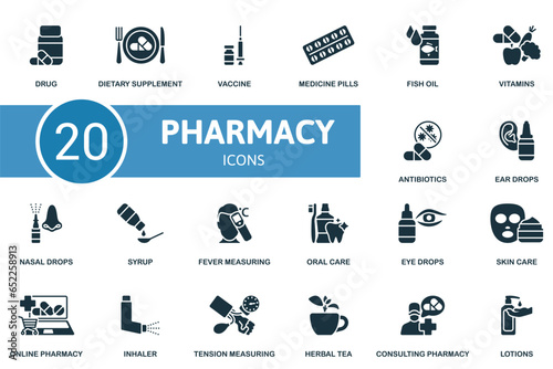 Pharmacy set. Creative icons: drug, dietary supplement, vaccine, medicine pills, fish oil, vitamins, antibiotics, ear drops, nasal drops, syrup, fever measuring, oral care, eye drops, skin care