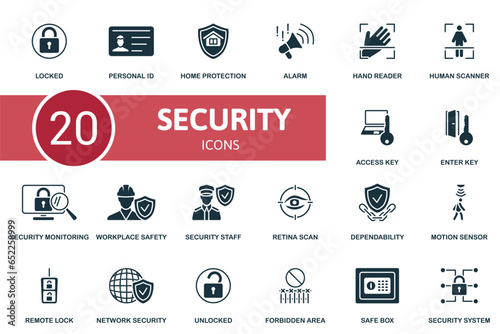 Security set. Creative icons: locked, personal id, home protection, alarm, hand reader, human scanner, access key, enter key, security monitoring, workplace safety, security staff, retina scan