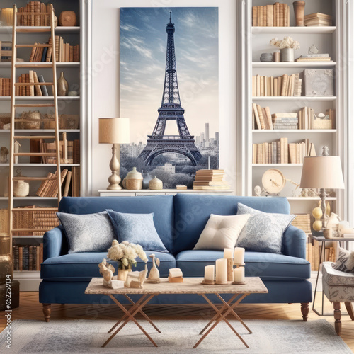  A French library room with a cream wall a blue sofa 