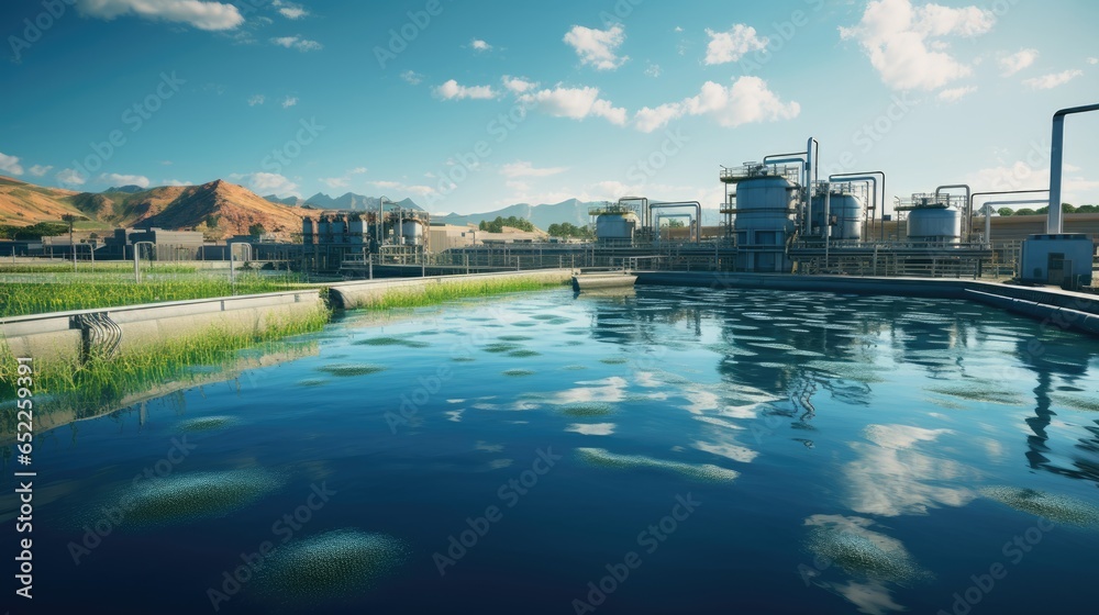 Water purification plant with pools against mountainous backdrop and clear skies.