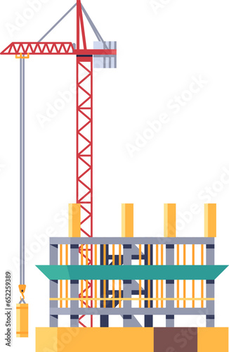 Construction process. Urban residential house building. Industrial crane. City architecture. Concrete foundation. Unfinished skyscraper. Housing development. Real estate. Vector concept