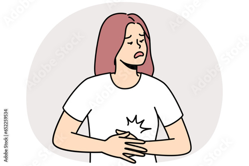 Unhealthy young woman suffer from acute stomachache. Unwell female struggle with belly pain or spasm. Healthcare. Vector illustration.
