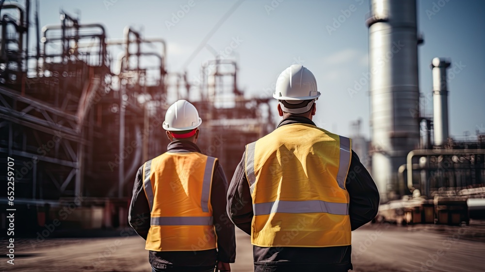 Industrial workers working in safety vests Industrial workers working in safety vests