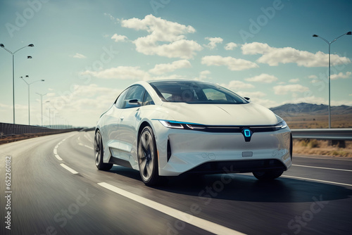Futuristic Self-Driving Electric Car on Highway Journey. Generative AI.