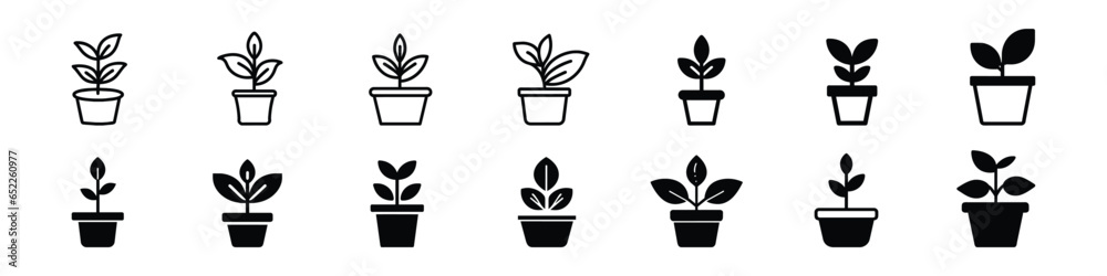 Flowerpot flat icon. Pictogram for web. Line stroke. Plant pot line outline icon, Potted plant icon. With outline, glyph, and filled outline styles, Plant in pot simple line vector icon. flower pot - obrazy, fototapety, plakaty 