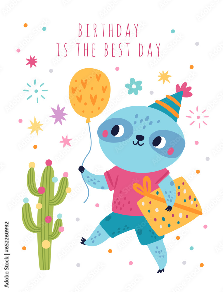 Obraz premium Cute sloths greeting card. Birthday celebration. Cartoon character walking with balloon and present box. Mammal carrying holiday gift. Happy tropical lazy animal. Vector postcard design