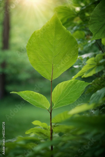 Green leaves in a natural environment, the back light highlights the leaves and their veins.