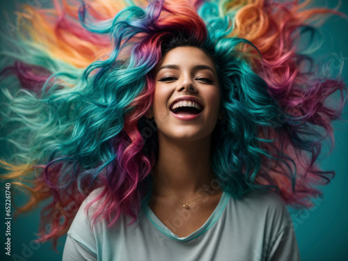 Happy young woman with hair dyed in many colors, laughs and screams with joy, short medium shot. Circular gradient background from behind the model in turquoise blue.