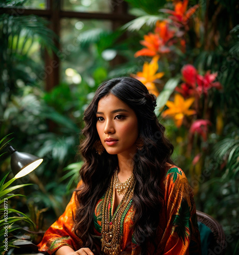A woman with long, dark hair and delicate features sits, surrounded by a jungle of exotic plants. The vibrant colors and intricate patterns of her traditional clothing.