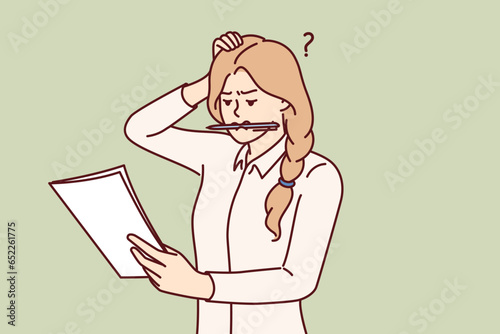 Woman tutor embarrassedly checks essay from student and scratches head, holding pen in teeth. Recruiter girl looks embarrassedly at resume of candidate for vacant position and doubts right decision