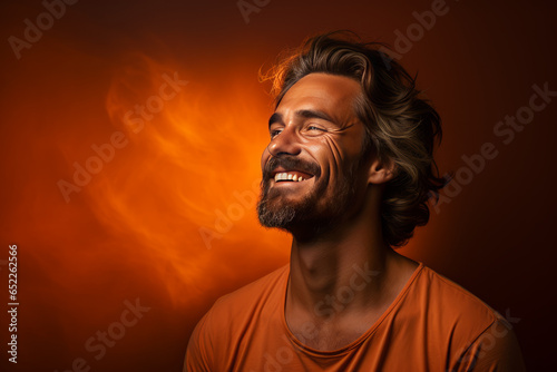 Contented man expressing serenity and happiness, in an orange background, Generative A