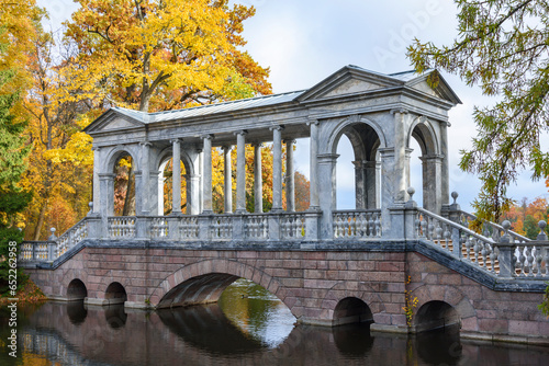 Marble bridge and autumn foliage in Catherine park, Tsarskoe Selo (Pushkin), Saint Petersburg, Russia