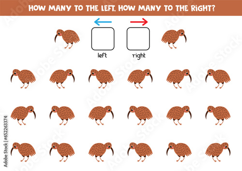 Left or right with cute cartoon kiwi bird. Logical worksheet for preschoolers.