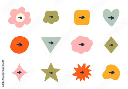 Cute hand drawn mark set for bullet journal. Diary note elements with checkboxes in the shape of flower, star, heart, circle, cloud. Tick arrow point as postpone sign for weekly planner, notebook