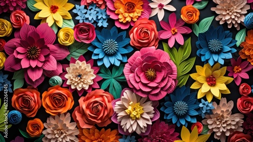 Many colorful paper flowers placed on a black background, in the style of threaded tapestries, traditional mexican style. © radekcho