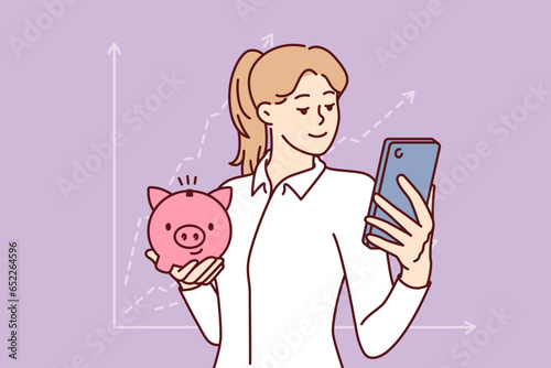 Woman accountant with piggy bank and phone is standing near financial chart calling to start investing. Girl accountant conducts audit of savings and monitors amount of dividends through smartphone